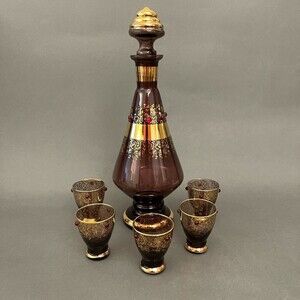 Vintage Bohemia Glass Bottle Decanter 5 Cups Purple Gold